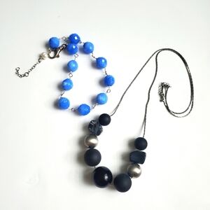 Beaded Statement Necklaces Blue Faceted Strung Beads & Black Onyx Gray Slider